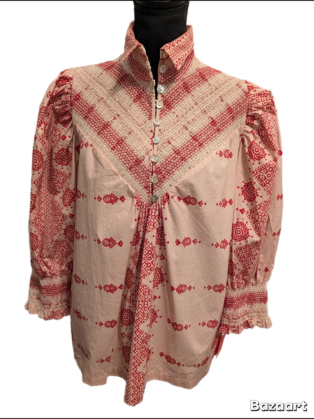 Hope for Flowers by Tracy Reese Red Pattern  Smocked Organic Cotton Blouse